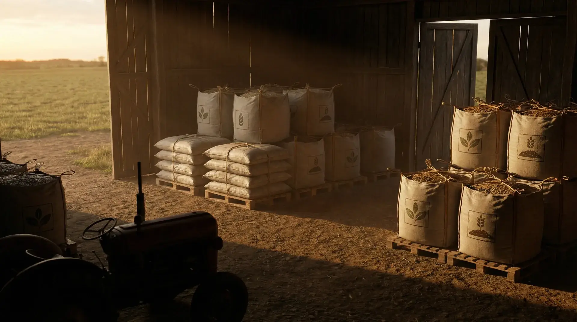 Farm barn with bulk biological fertilizer supplies