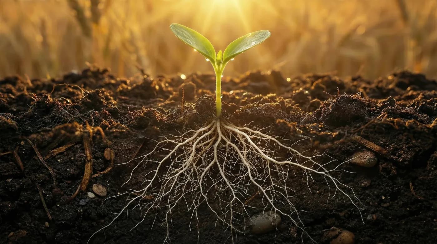 Deep healthy root system in rich soil