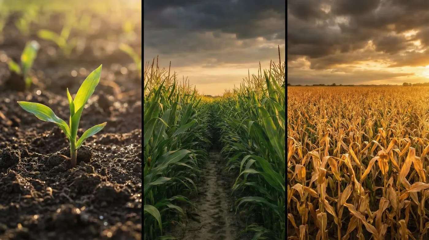 Lush green crop growth across growing season